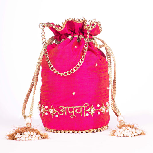 Name personalized potli. Silk base with complete hand embroidery and name customization